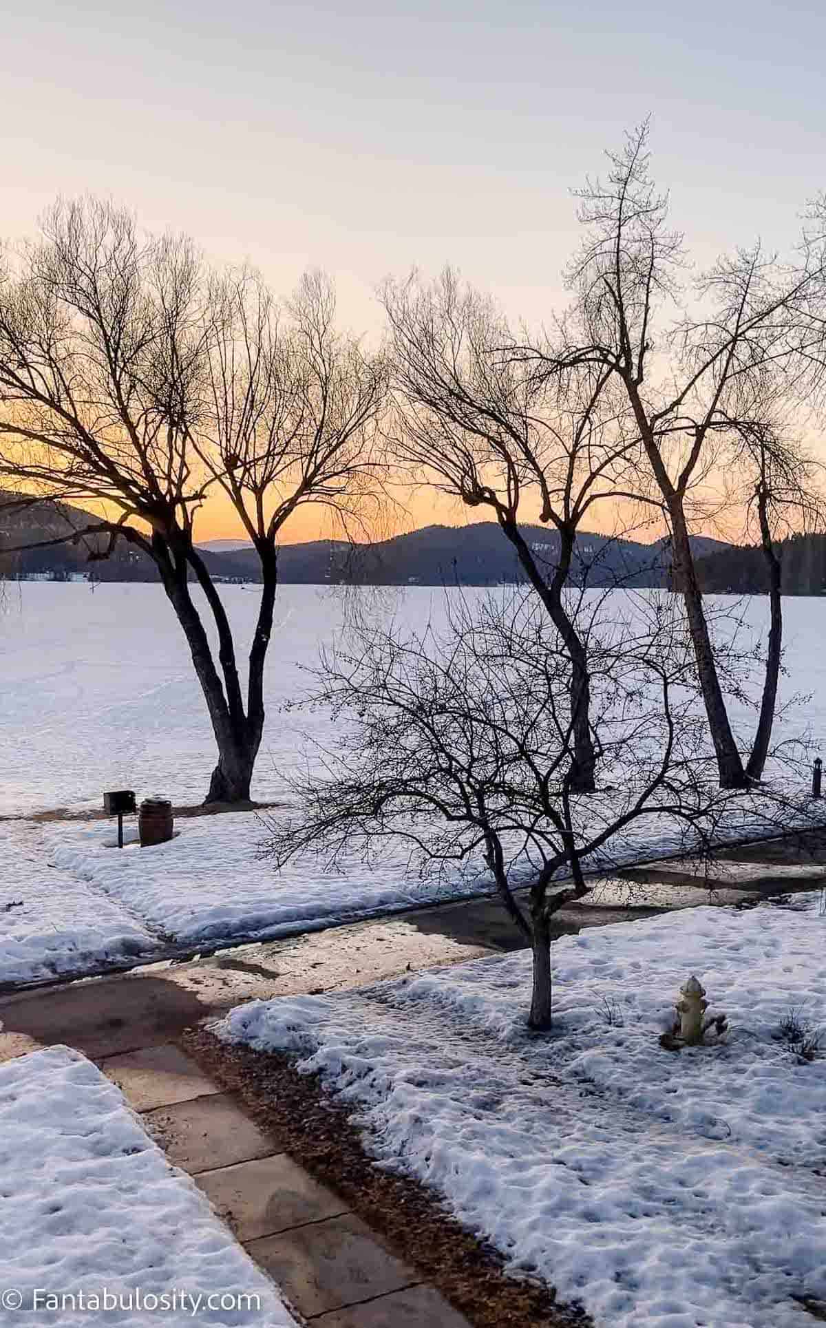 View from condo of frozen lake at The Lodge at Whitefish.