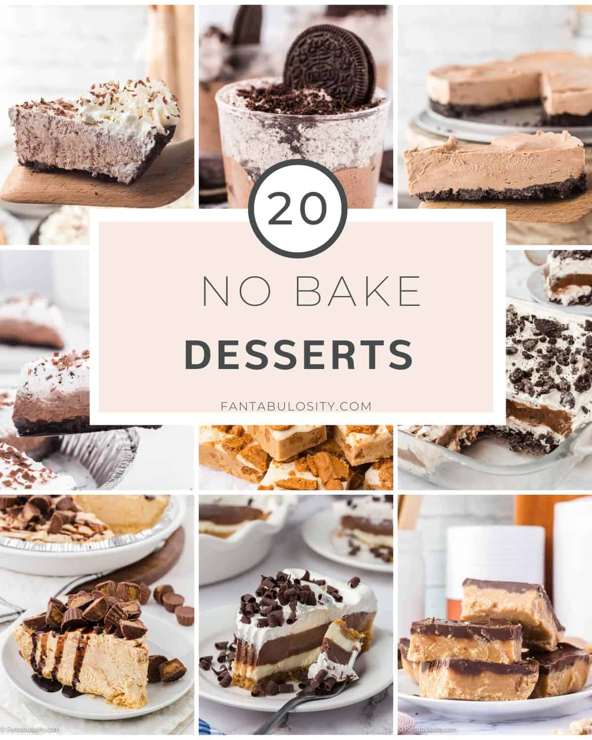 Image collage of no bake desserts with text overlay.