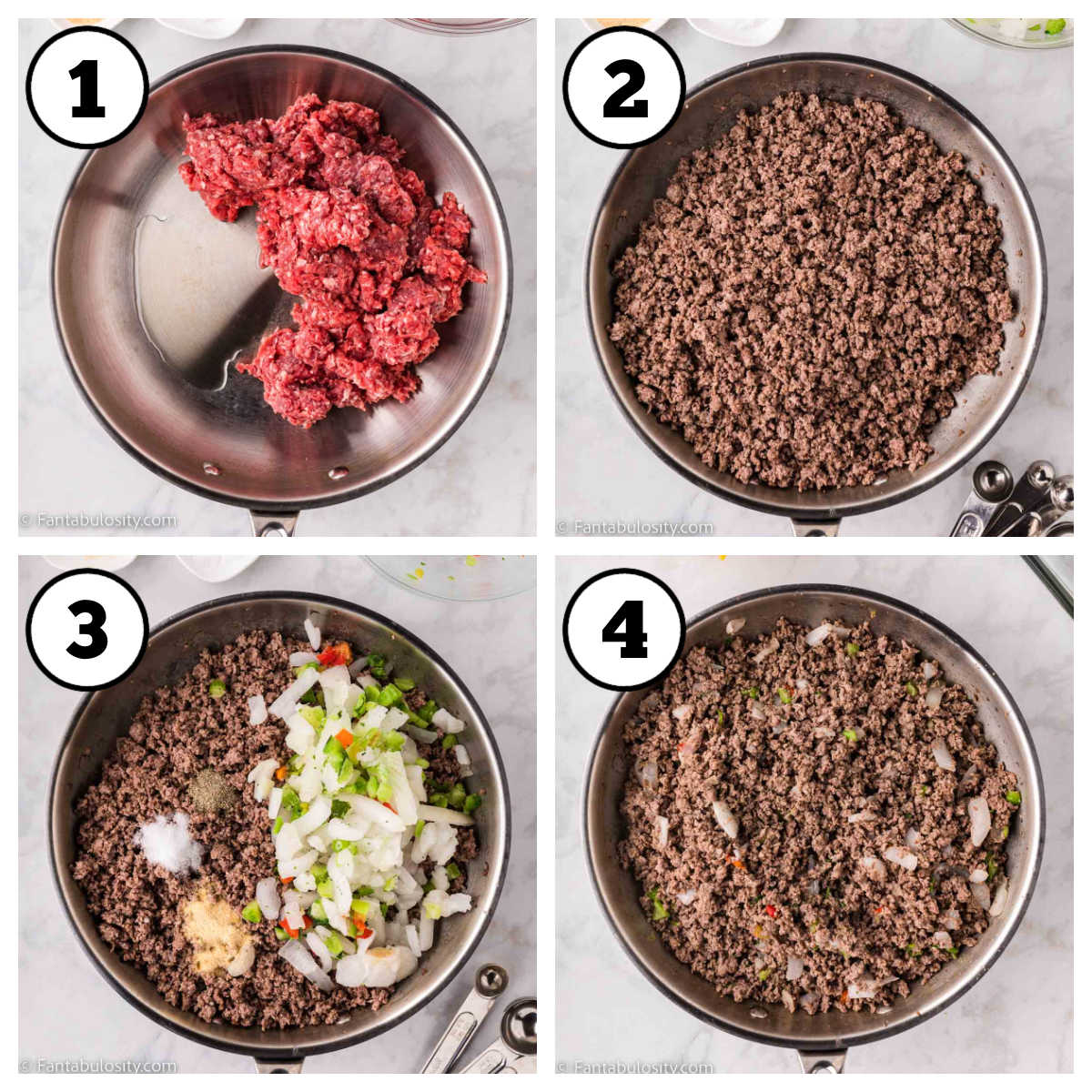 Steps 1-4 on how to make hashbrown hamburger casserole.