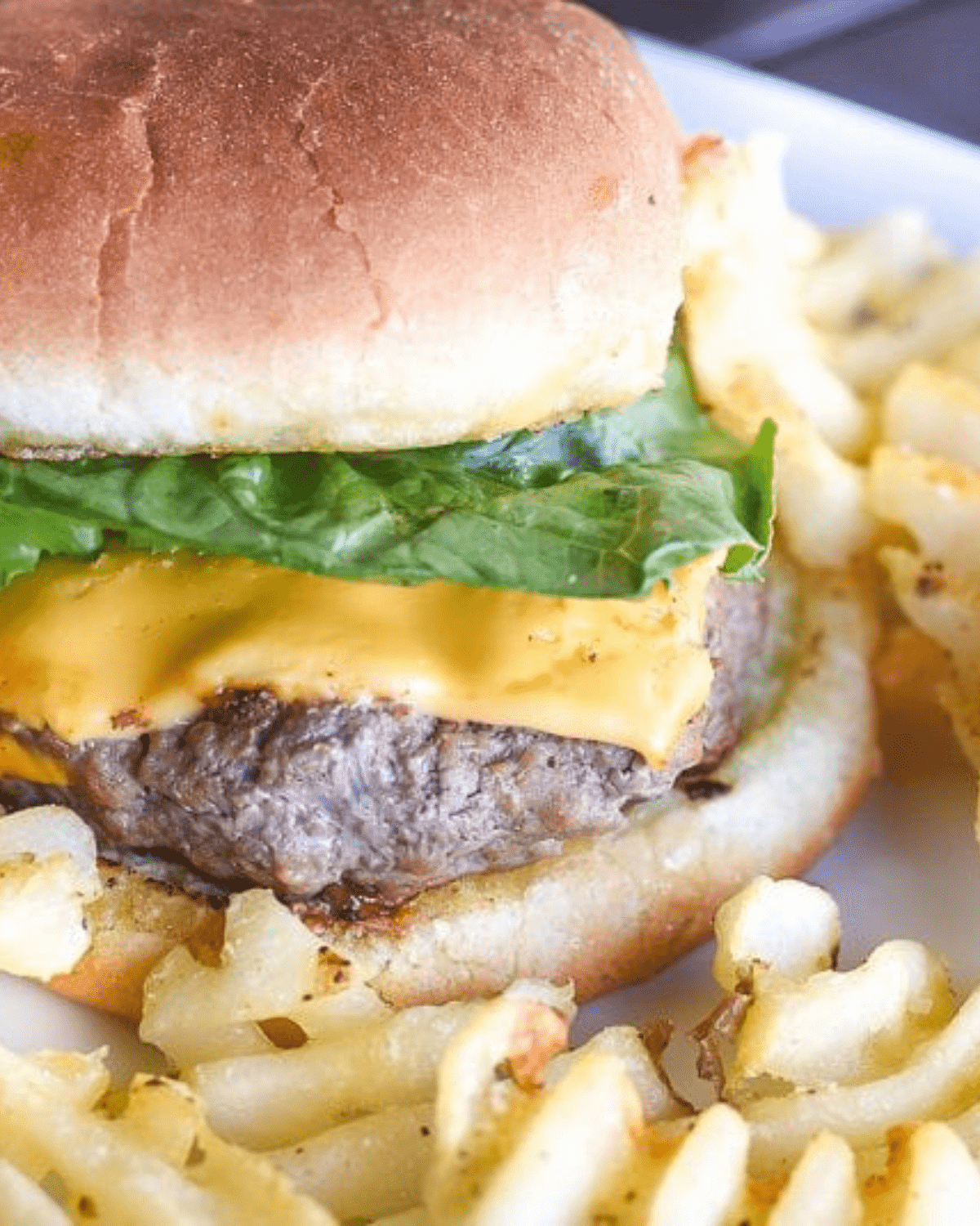 Electric skillet burgers on a bun with lettuce and cheese and waffle fries.