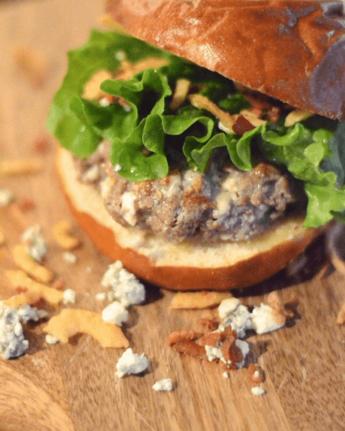 blue cheese burgers on pretzel bun