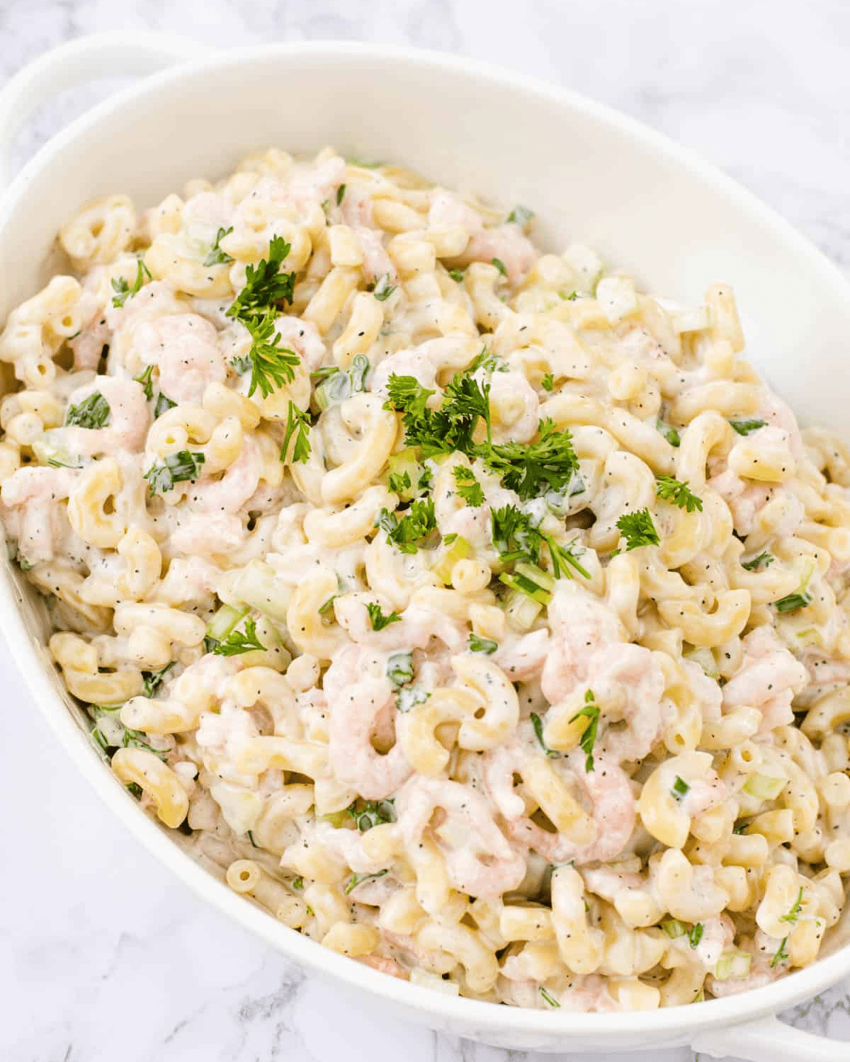 shrimp Macaroni salad in a bowl