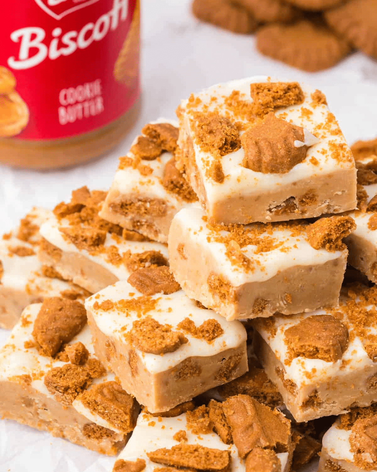 biscoff fudge with biscoff cookies