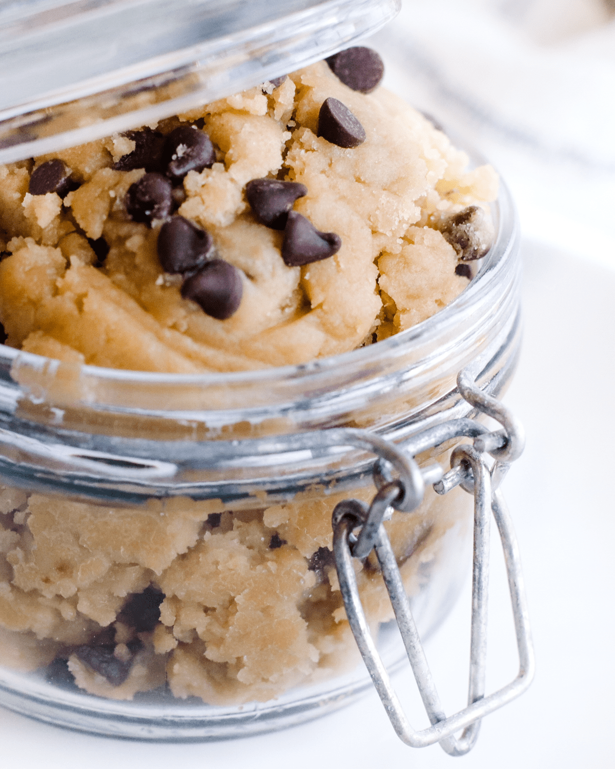 edible chocolate chip cookie dough in a glass jar