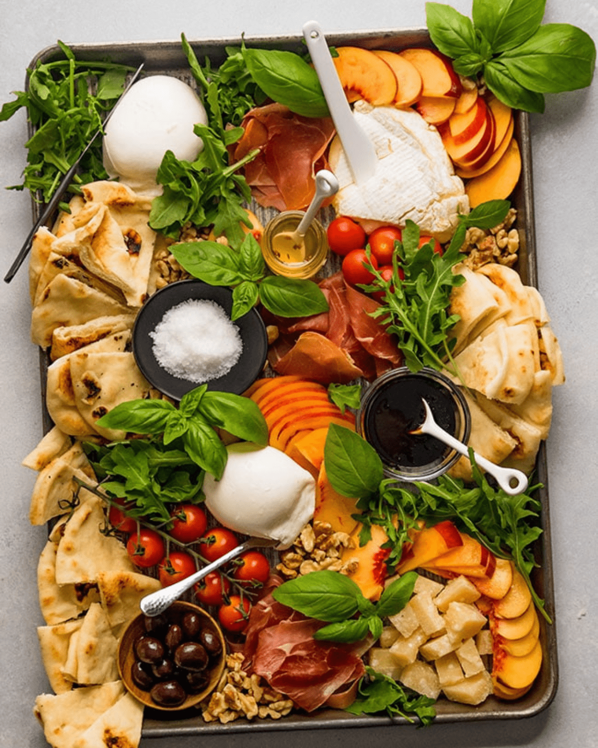 summer cheese board with burrata, peaches