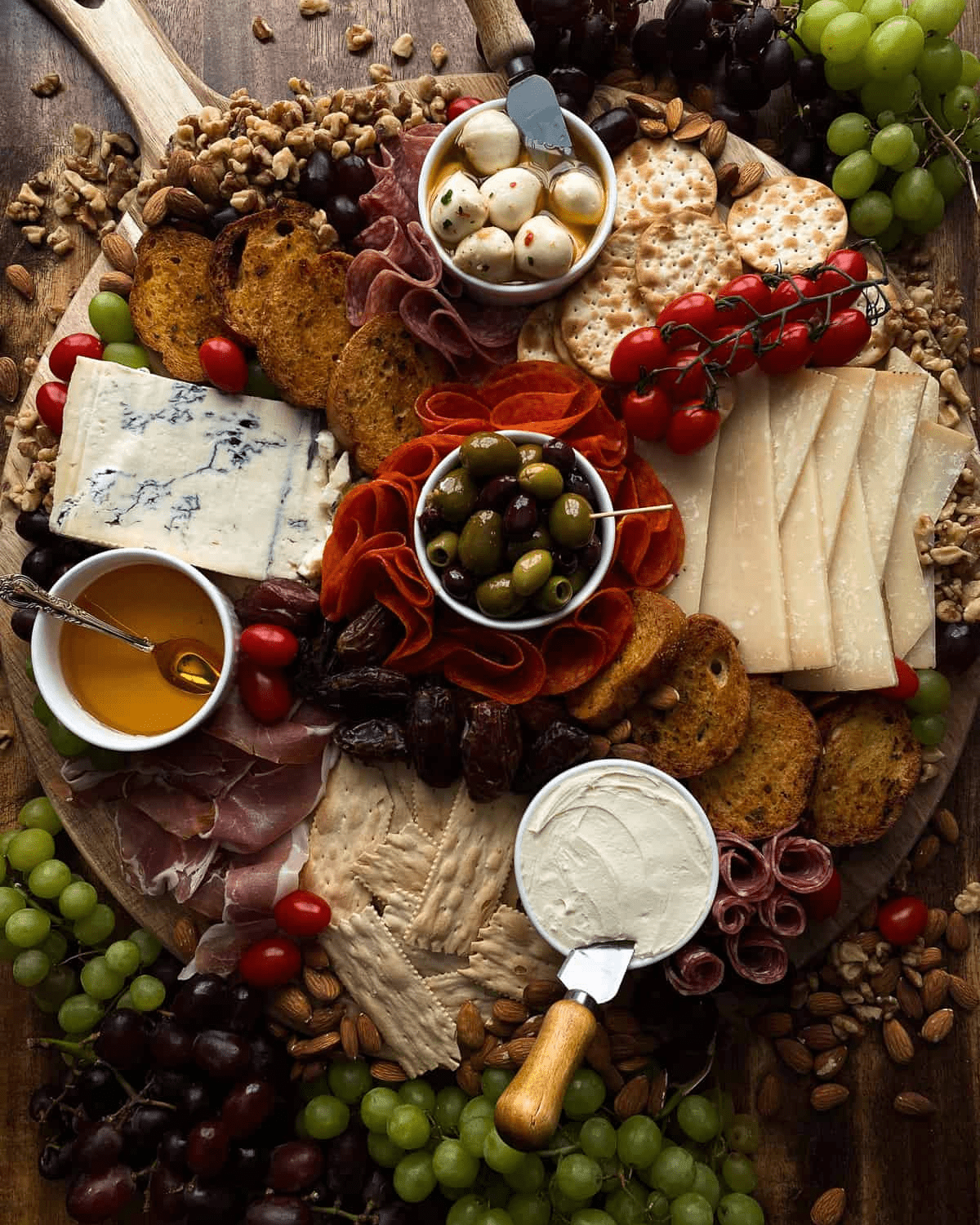 Italian meats and cheeses on charcuterie board