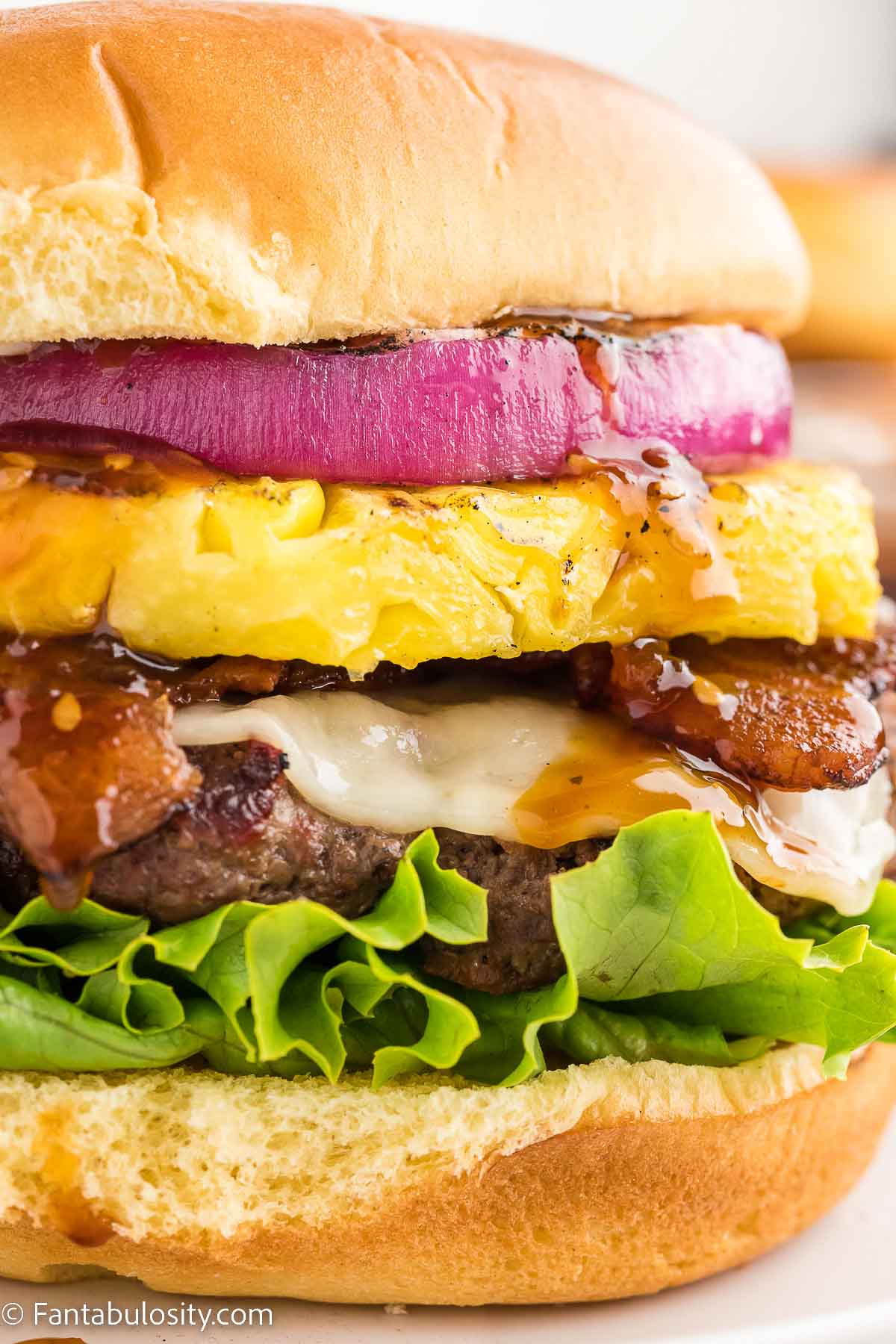 Close up of aloha burger with all of the toppings.