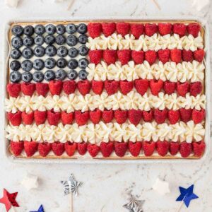 American flag fruit pizza on marble counter