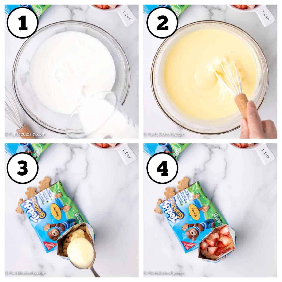 Steps 1-4 of how to make walking cheesecakes.