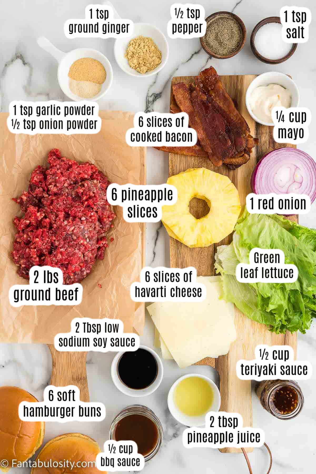 Labeled ingredients for Aloha burgers.