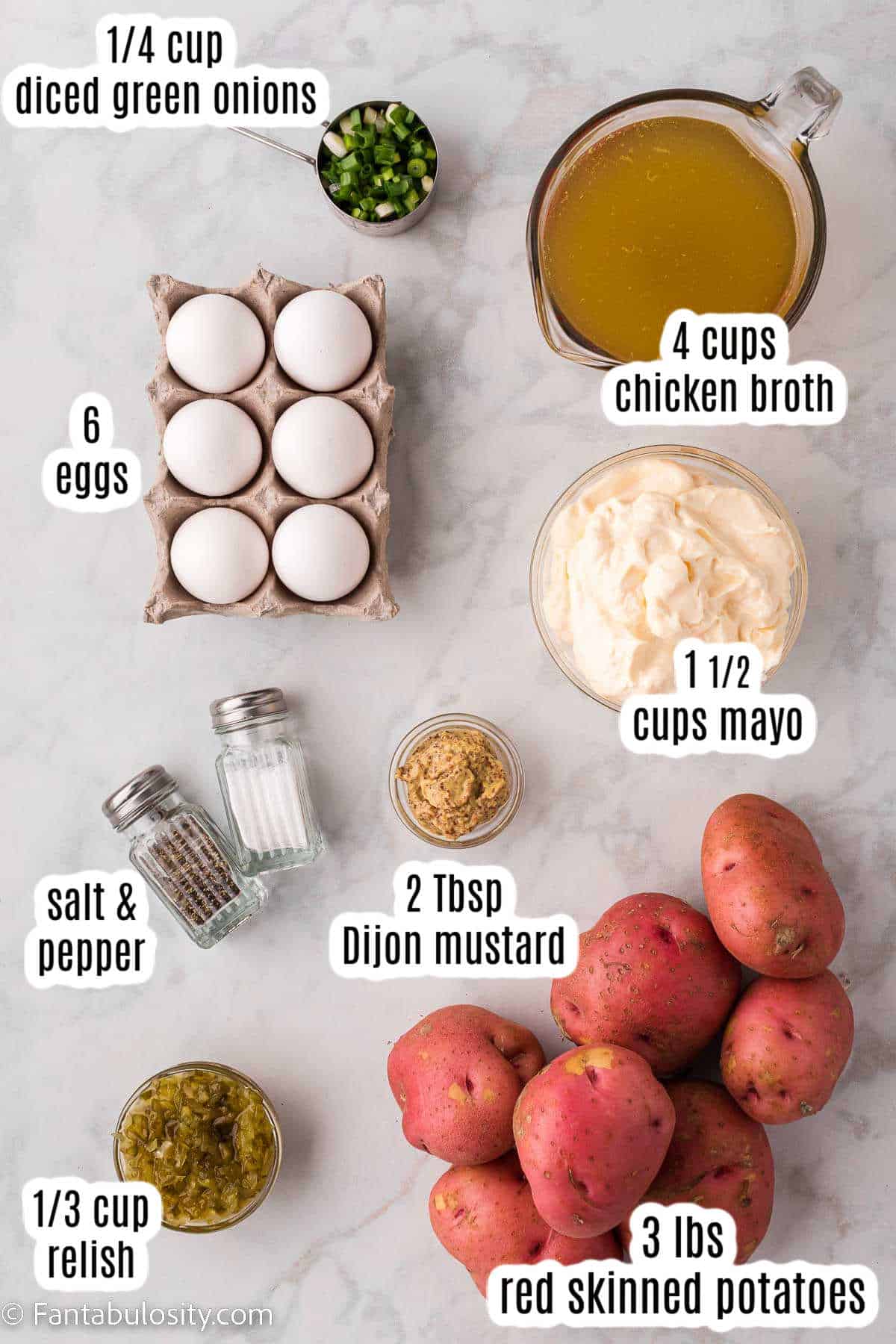 Labeled ingredients on counter for red skin potato salad.
