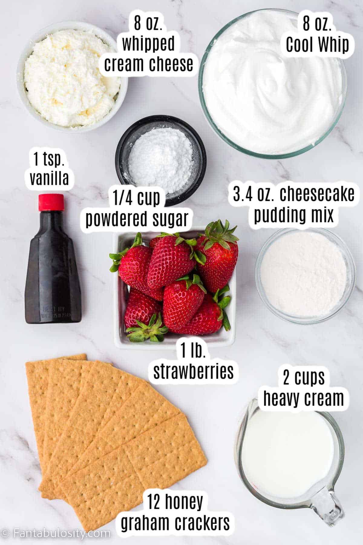 Labeled ingredients for strawberry cream cheese icebox cake.