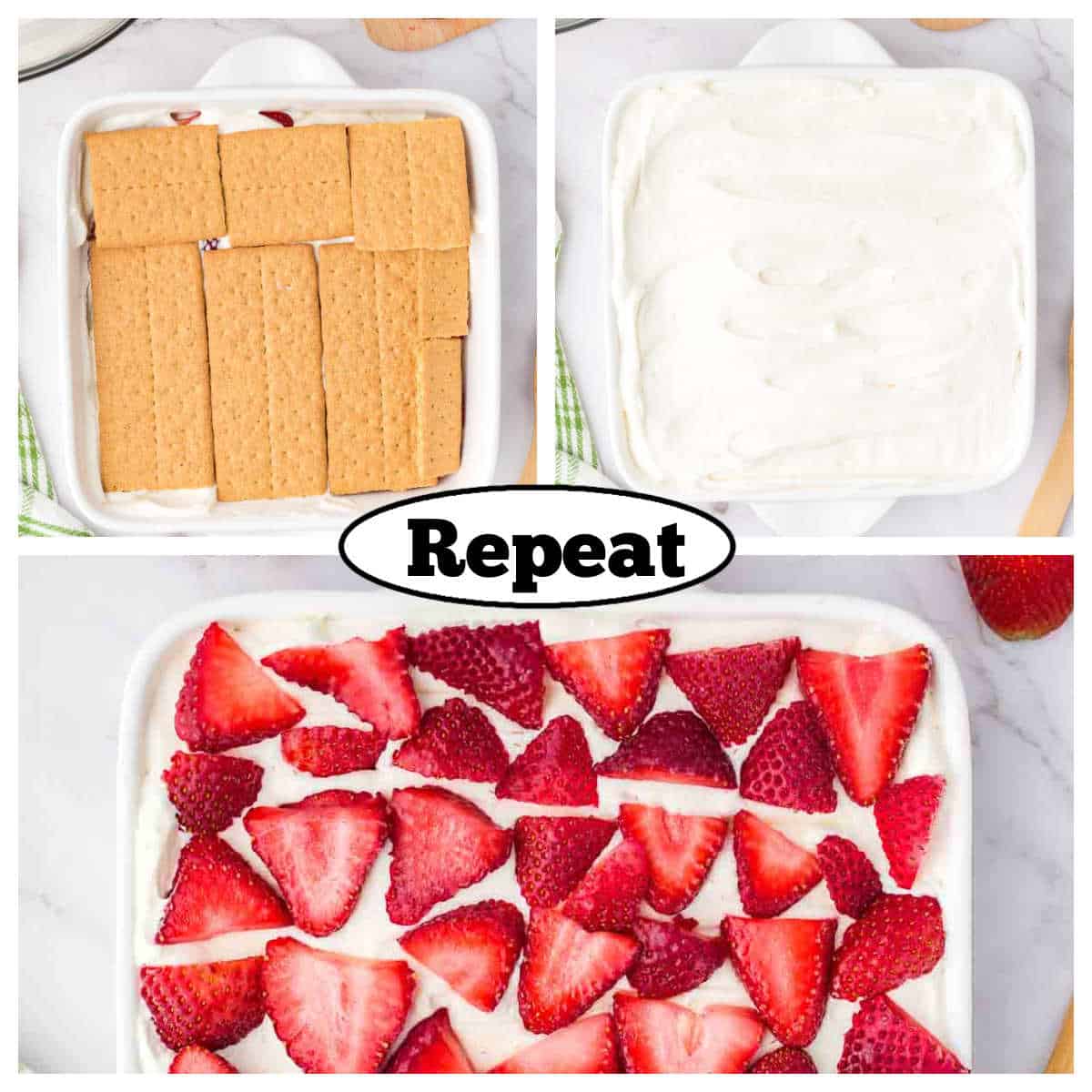 Collage showing repeating layers of strawberry cream cheese icebox cake.