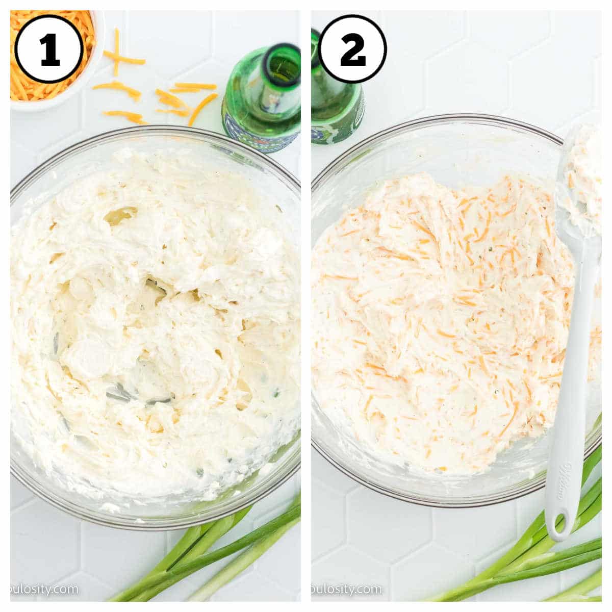 Two image collage of how to make beer ranch cheese dip.