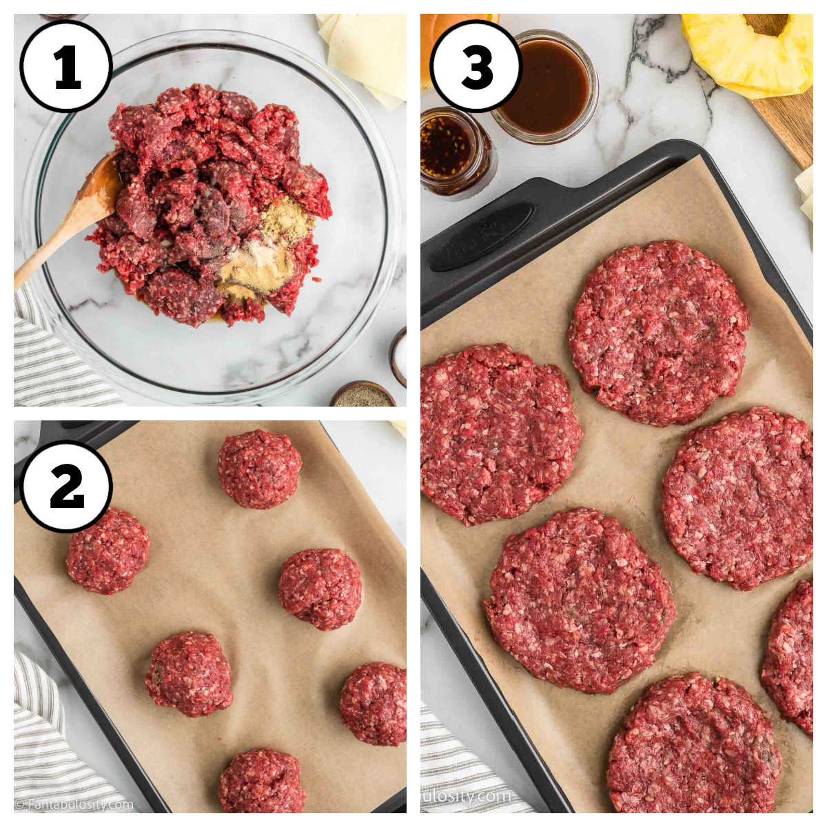 Steps 1-3 for making Aloha burgers.