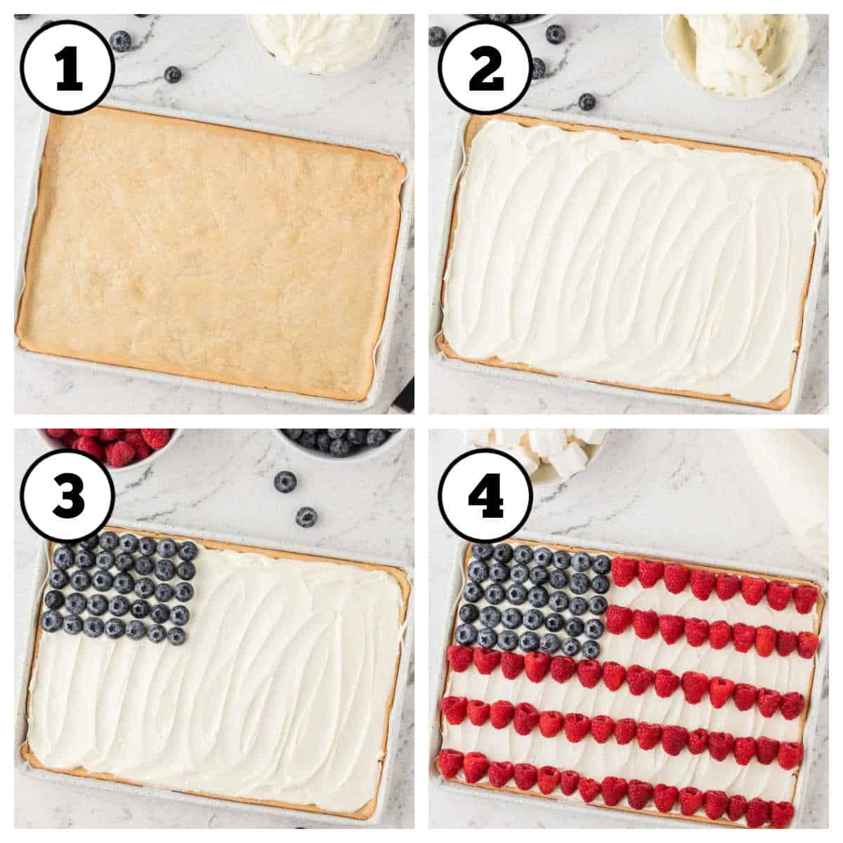 Steps 1-4 to make American flag fruit pizza.