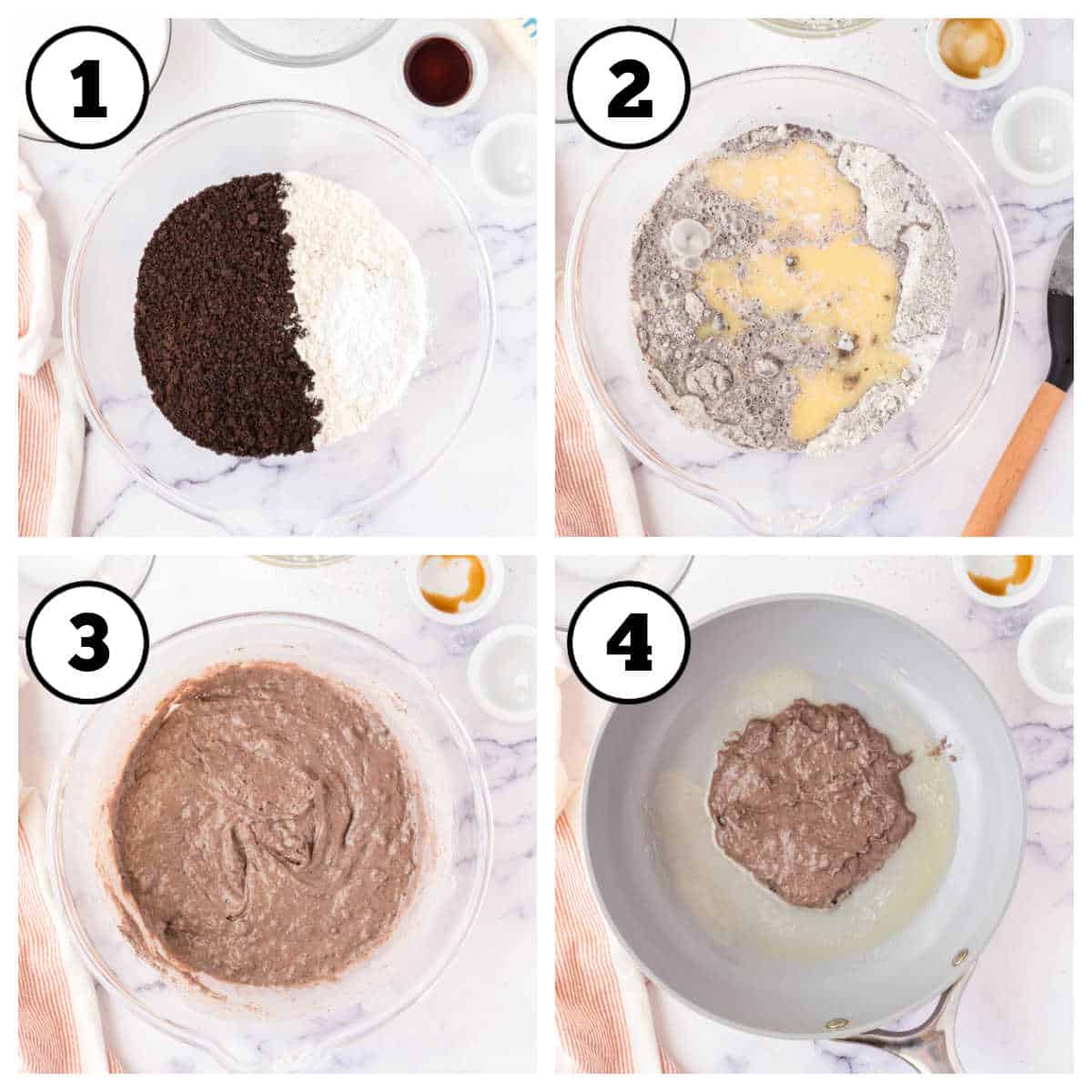 Steps 1-4 collage for making Oreo pancakes.