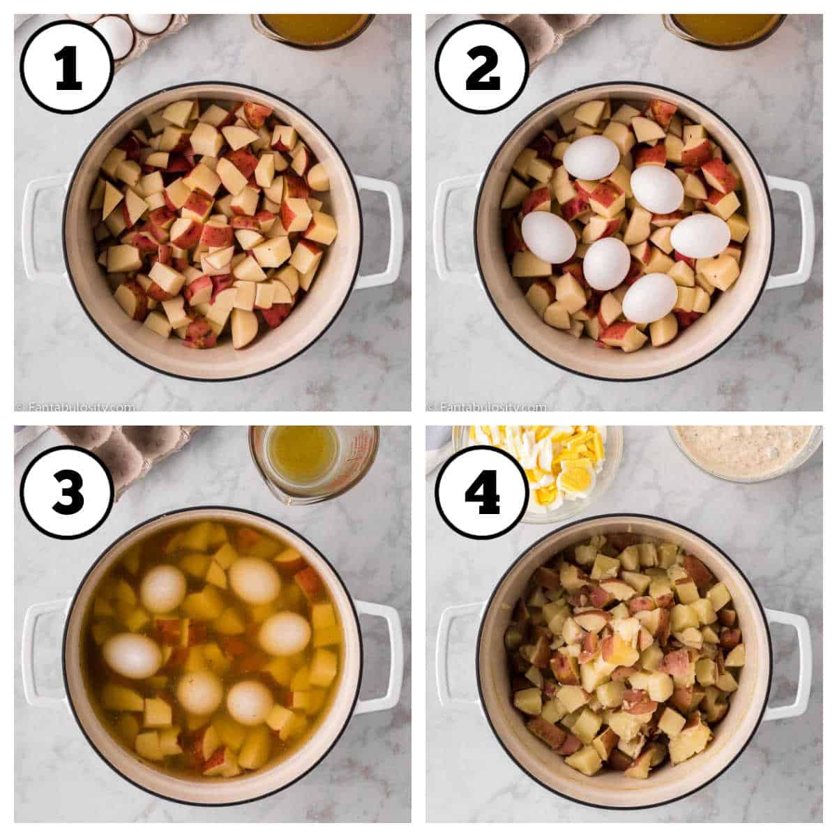 Steps 1-4 for how to make red skin potato salad.