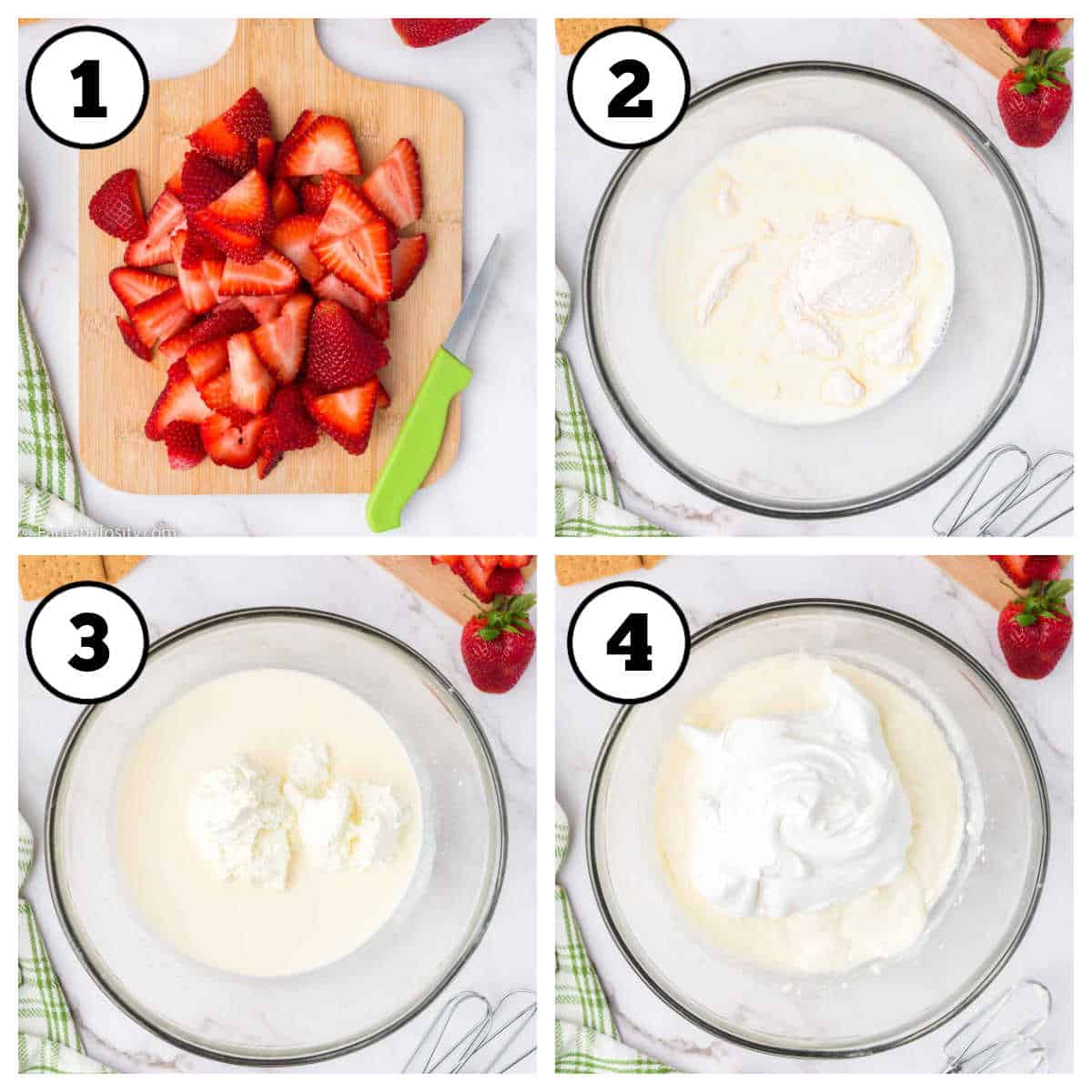 Steps 1-4 on how to make strawberry icebox cake.