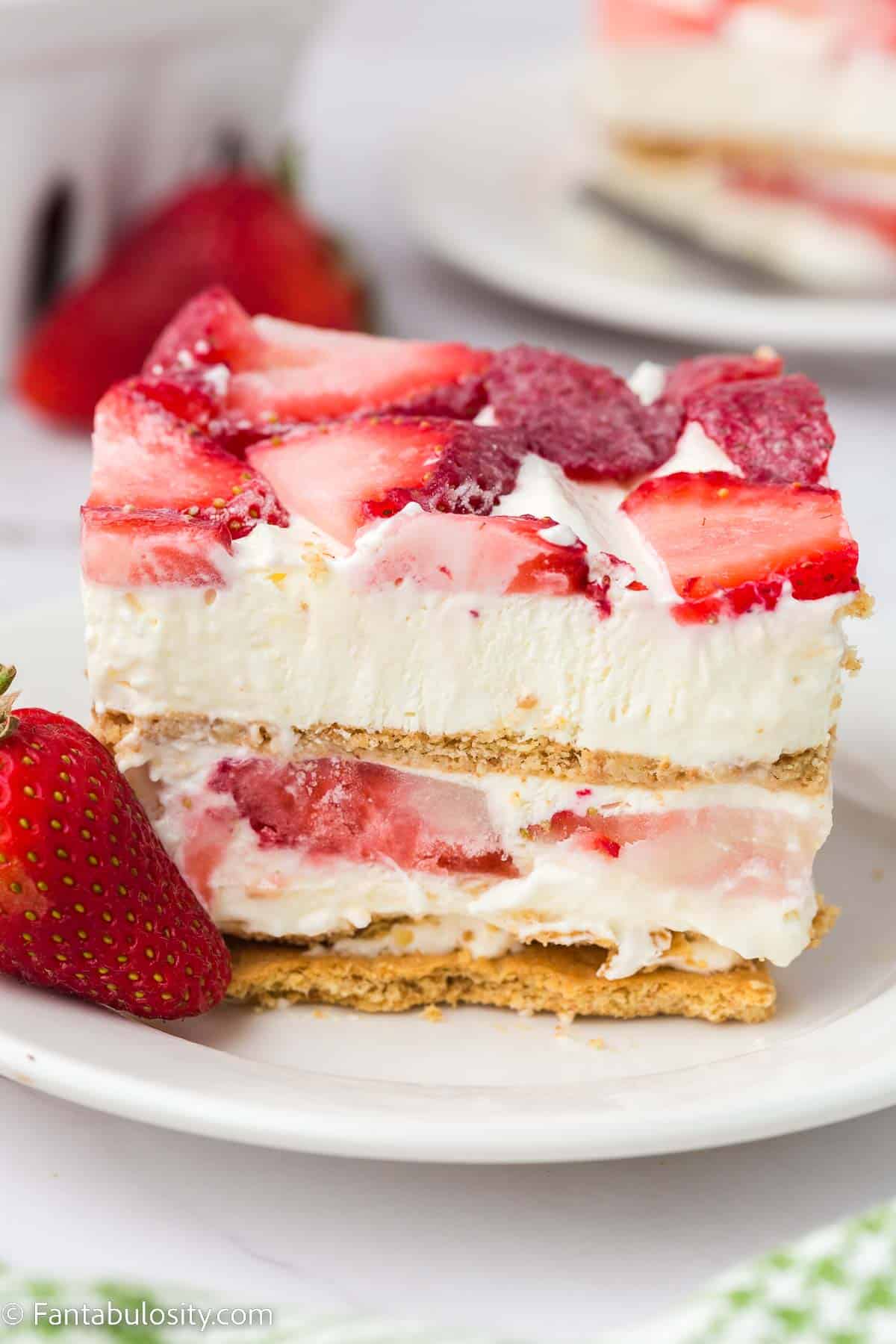 Close up of strawberry cream cheese icebox cake.