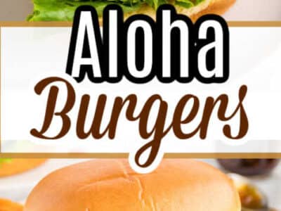 Two image collage of Aloha Burgers on white plate.