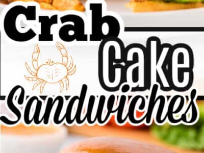 Two image collage of crab cake sandwich, showing bite and close up of built sandwich.
