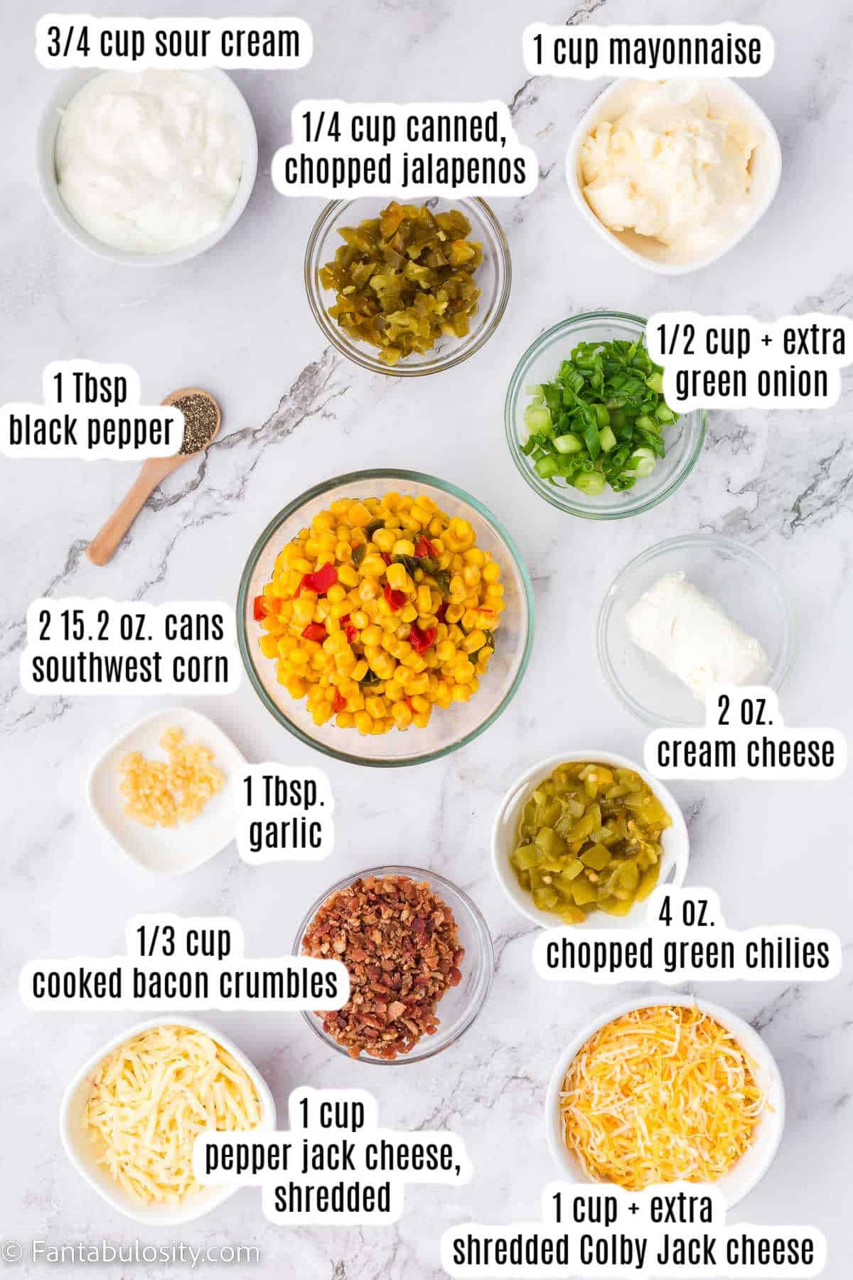 Labeled ingredients for corn dip with cream cheese.