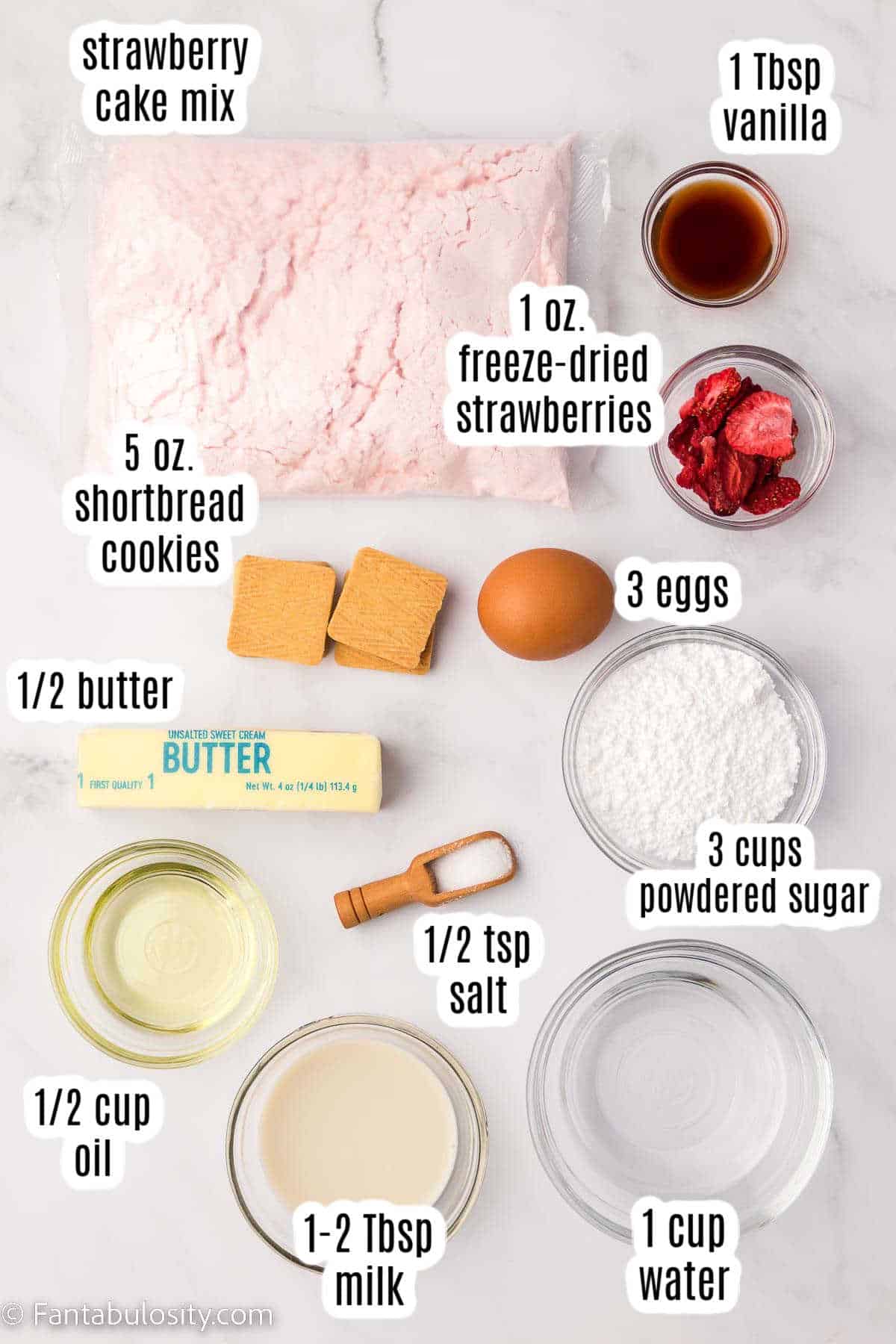 Labeled ingredients for strawberry crunch cake.