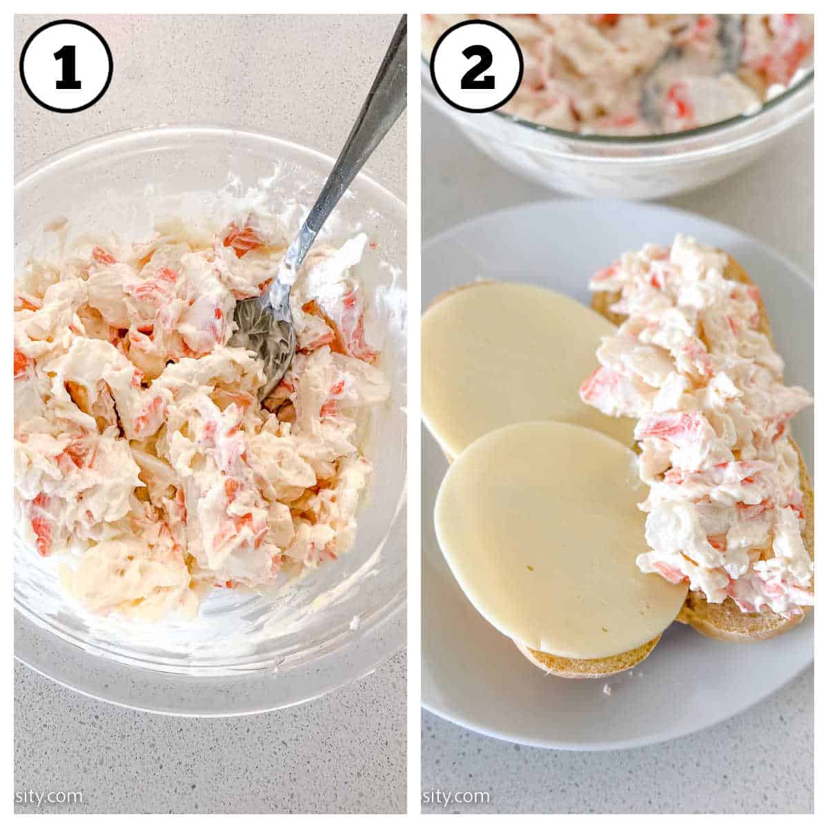 Steps 1-2 of how to make crab meat sandwich.