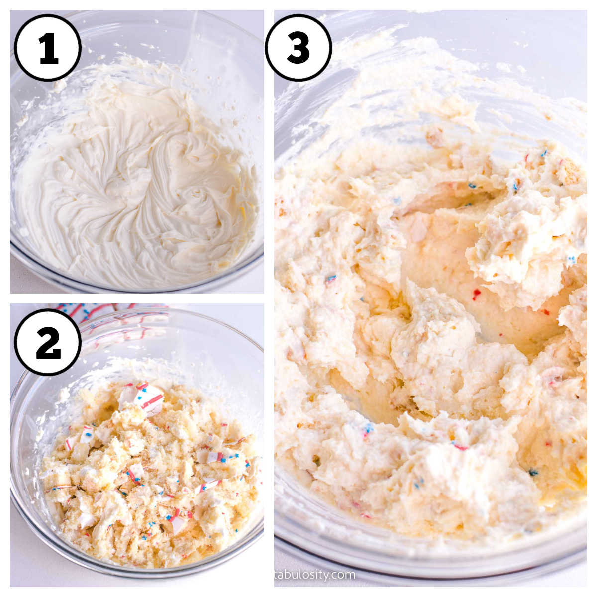 Steps 1-3 of how to make red white and blue dip.