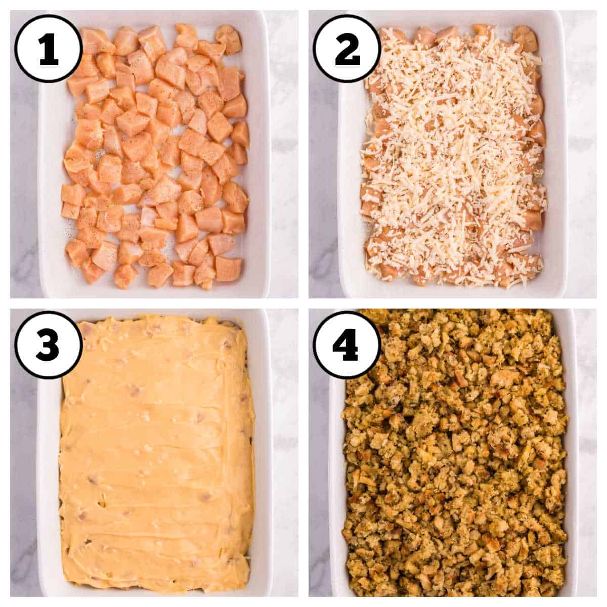 Steps 1-4 for making Stove Top Stuffing Chicken Casserole.