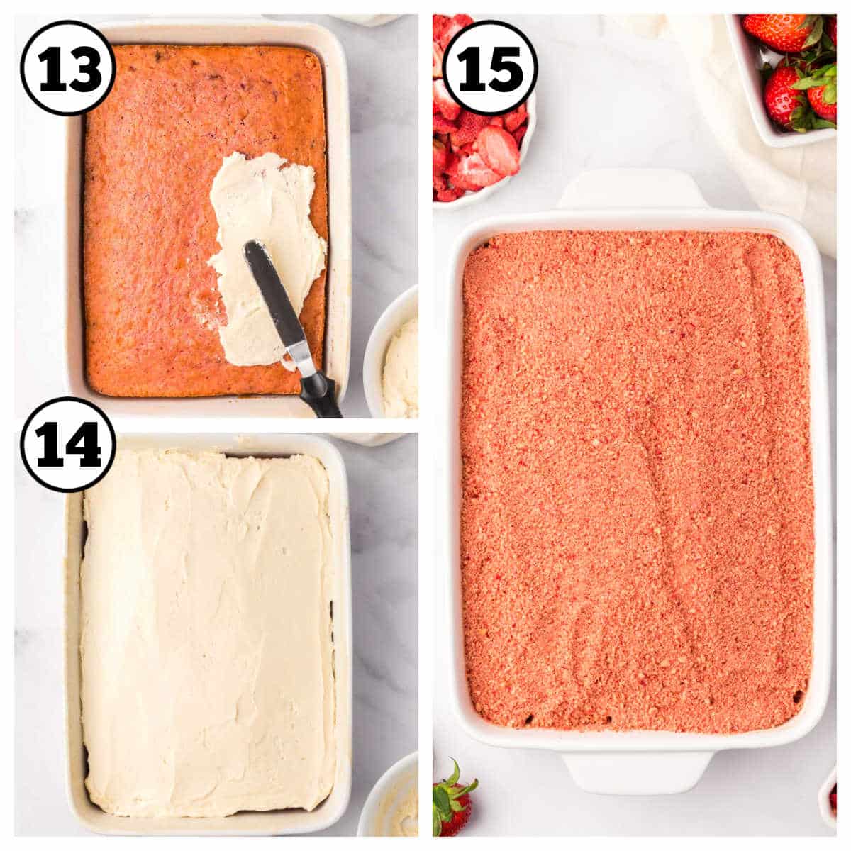 Steps 13-15 for how to make strawberry crunch cake.