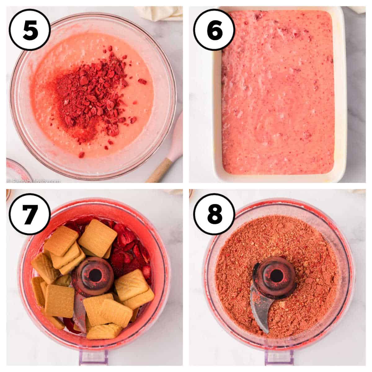 Steps 5-8 of how to make strawberry crunch cake.