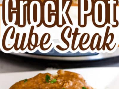 Two image collage of crock pot cube steak on top of mashed potatoes.