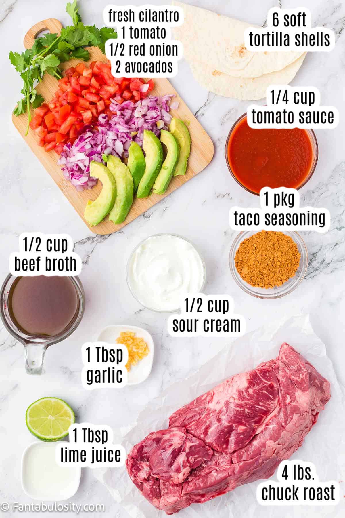 Labeled ingredients for shredded beef tacos.