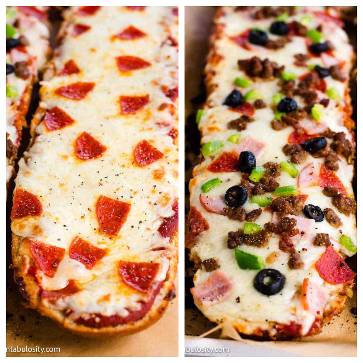 Two different French bread pizzas on baking sheets.