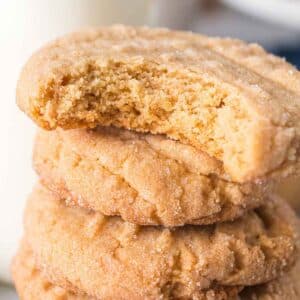 Cake mix peanut butter cookies stacked.