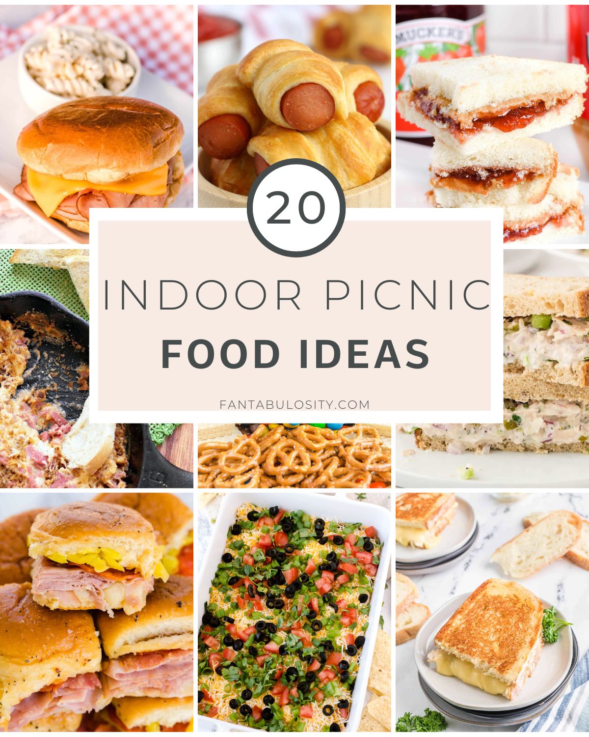 Collage of indoor picnic food ideas.