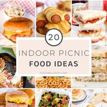 Images in collage for indoor picnic food ideas.