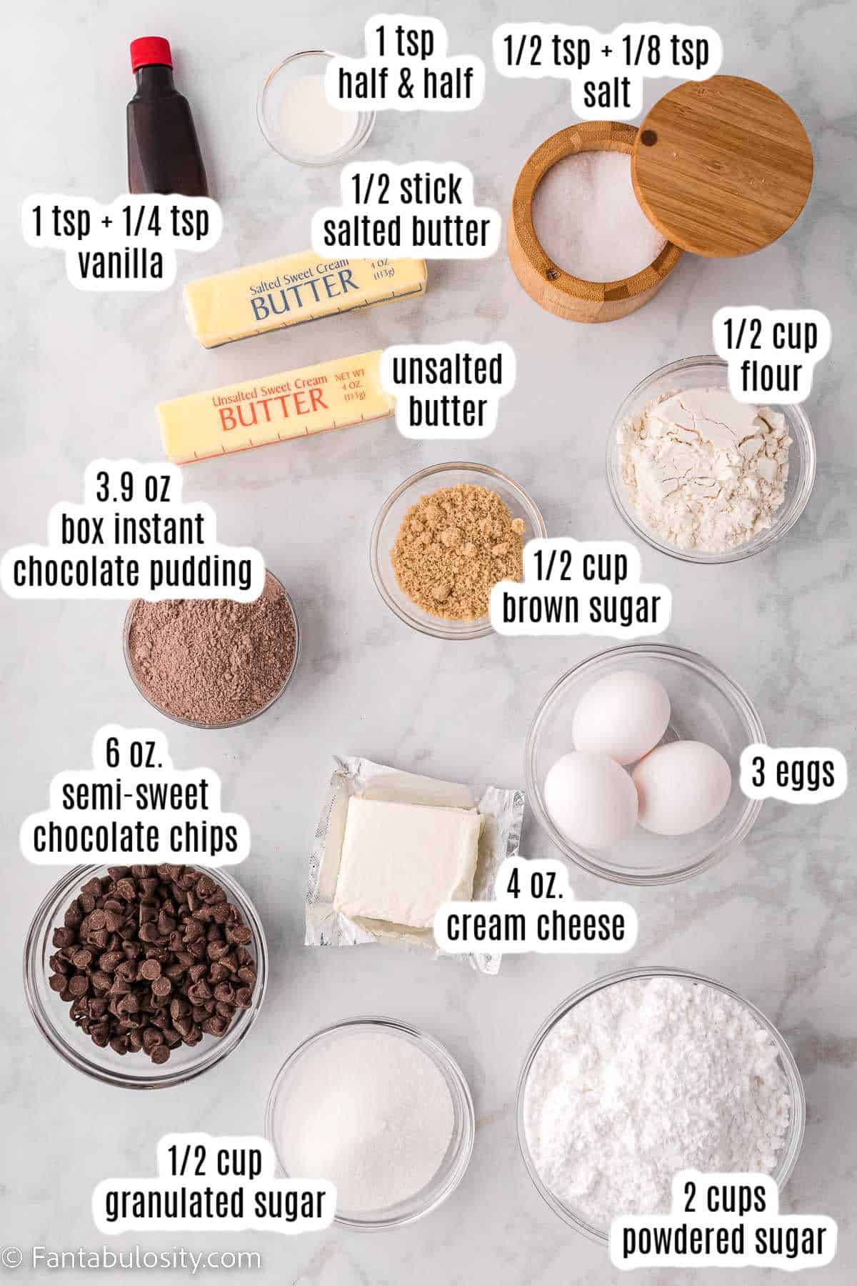 Labeled ingredients for homemade brownies with cream cheese frosting.