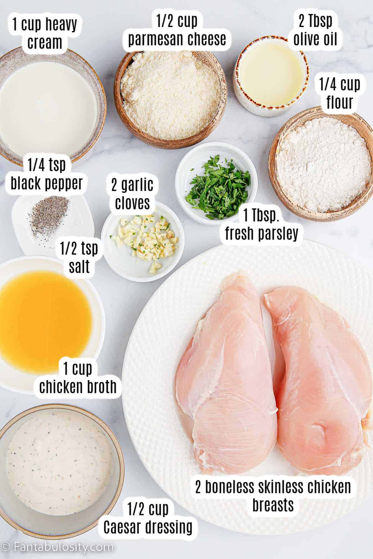 Labeled ingredients for creamy caesar chicken.