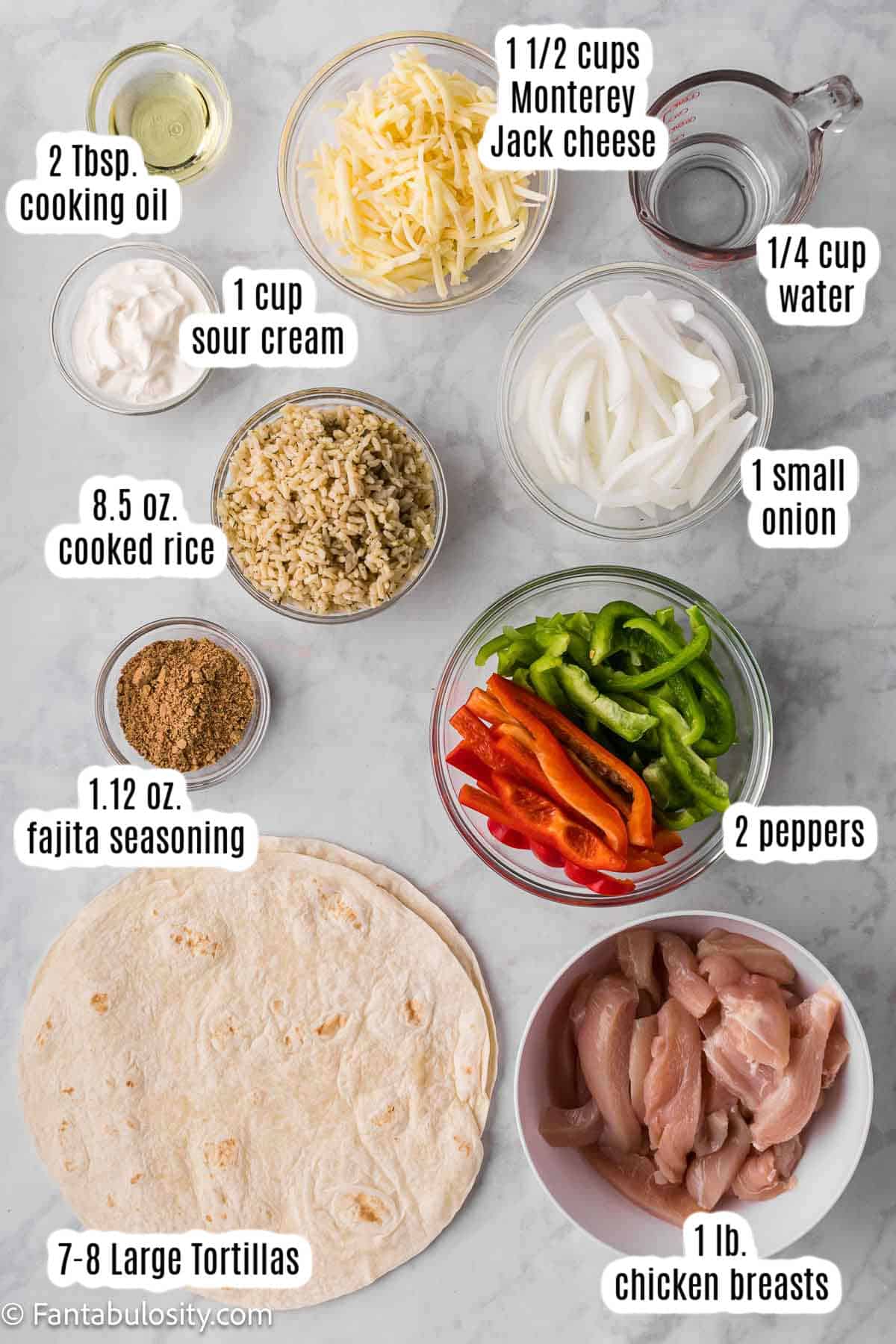 Labeled ingredients for fajita wraps.