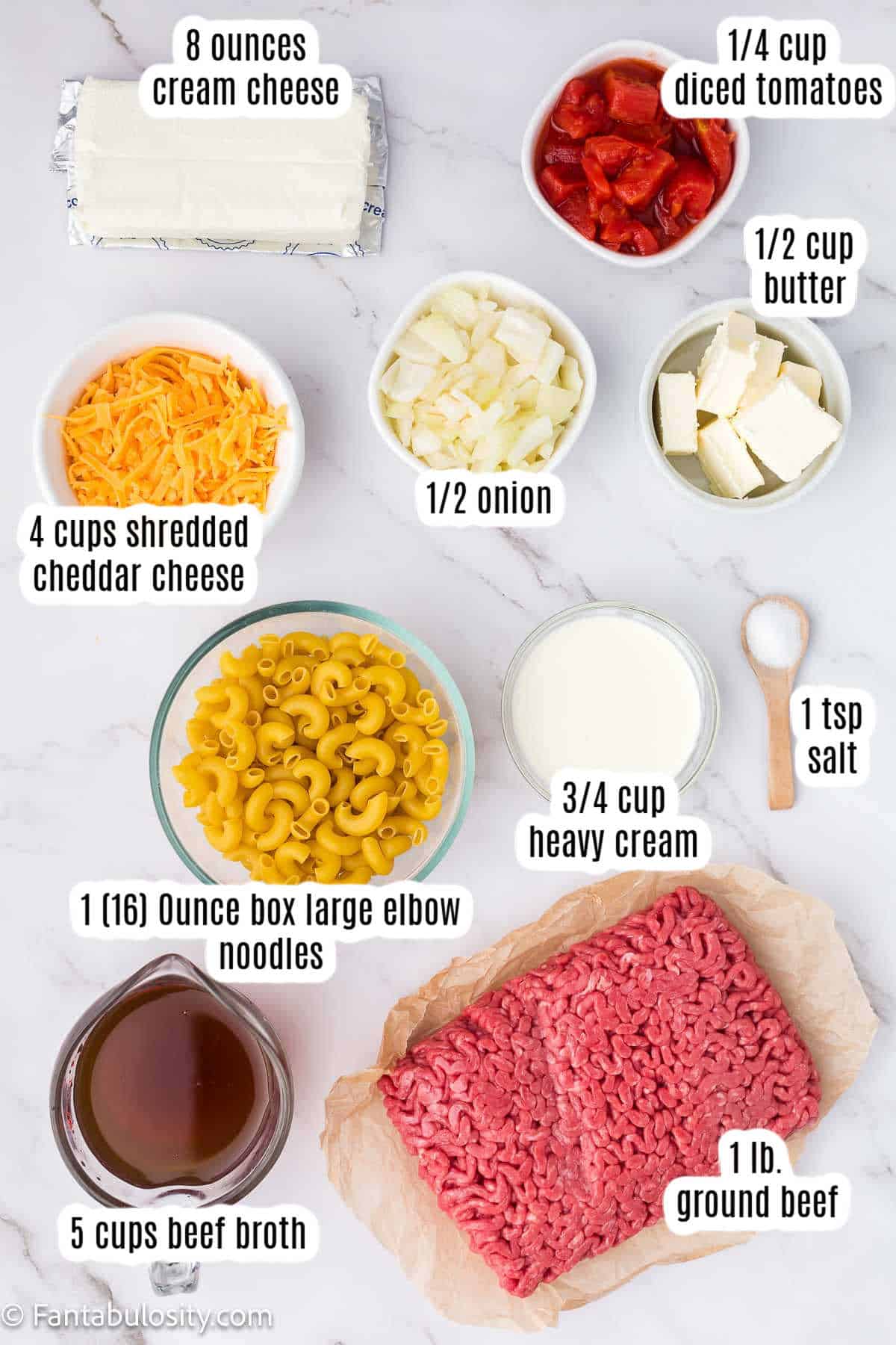 Labeled ingredients for hamburger mac and cheese.