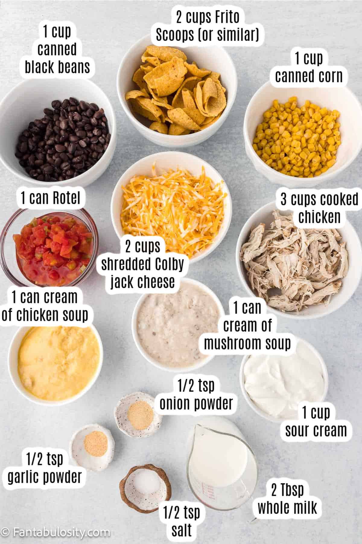 Labeled ingredients for Frito chicken casserole recipe.