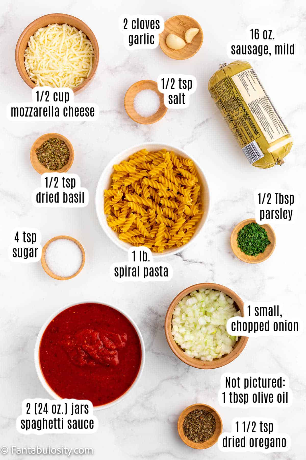 Labeled ingredients for sausage pasta bake.