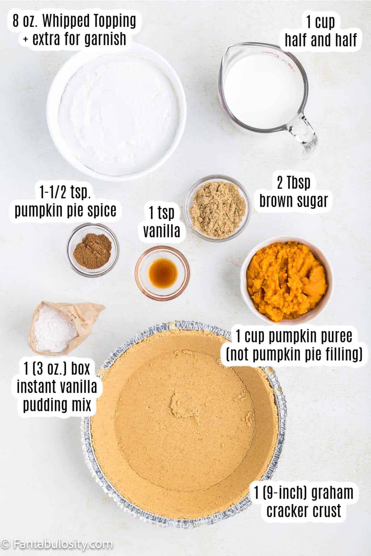 Labeled ingredients for pumpkin pie with graham cracker crust.