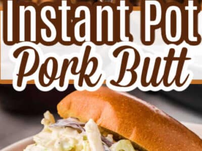 Instant Pot Pork Butt images, showing shredded meat and showing bbq pork on a bun.