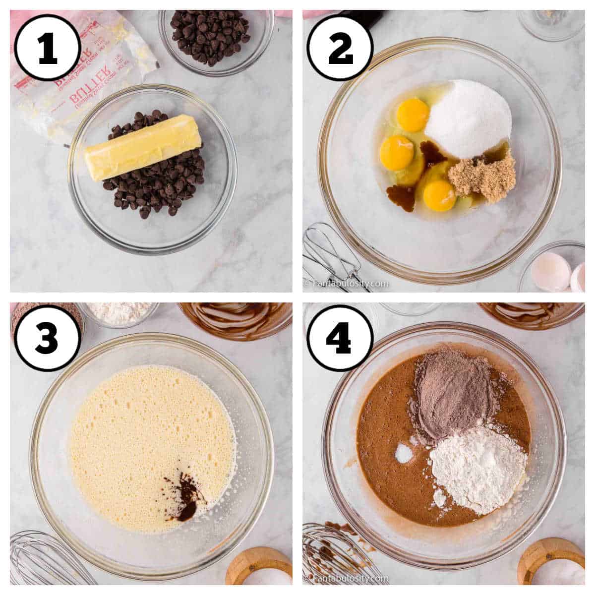 Steps 1-4 of how to make homemade brownies with cream cheese frosting.