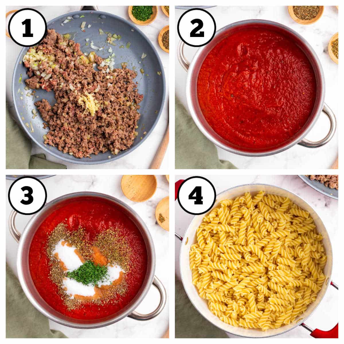 Steps 1-4 of how to make sausage pasta bake.