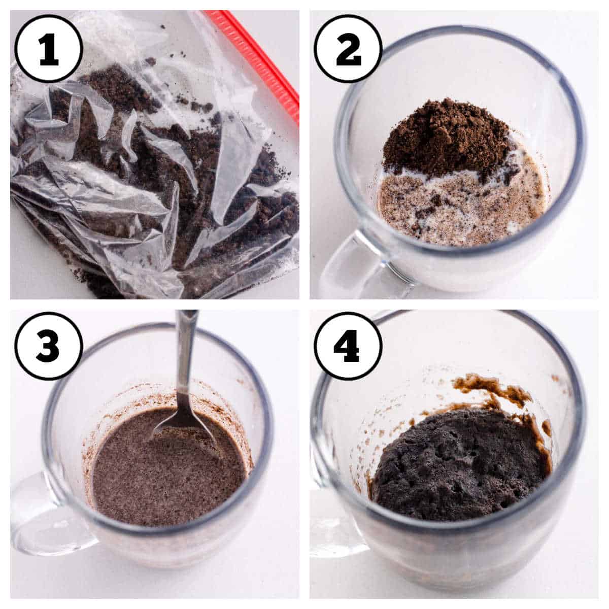 Steps 1-4 of how to make Oreo mug cake.